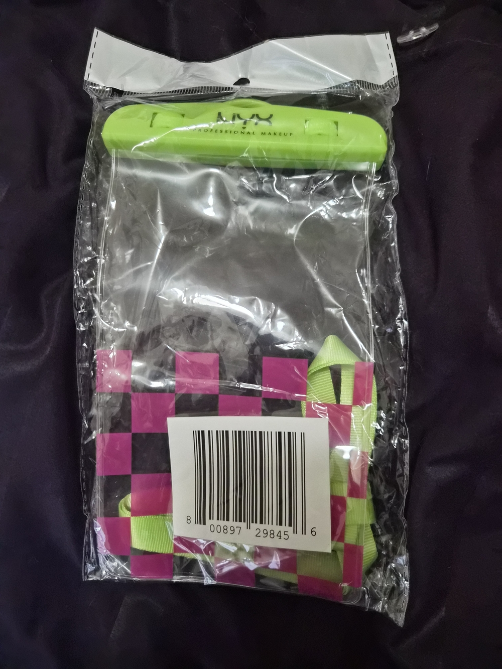 NYX Waterproof Cell Phonesl Pouch with Neon Green and Pink Checker Strap